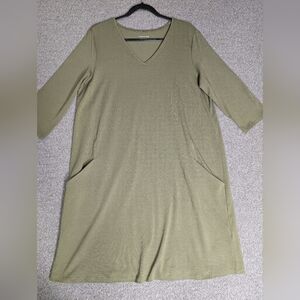 Eileen Fisher Organic Cotton V-Neck 3/4 Sleeve Mini Shift Dress Green Size Large
